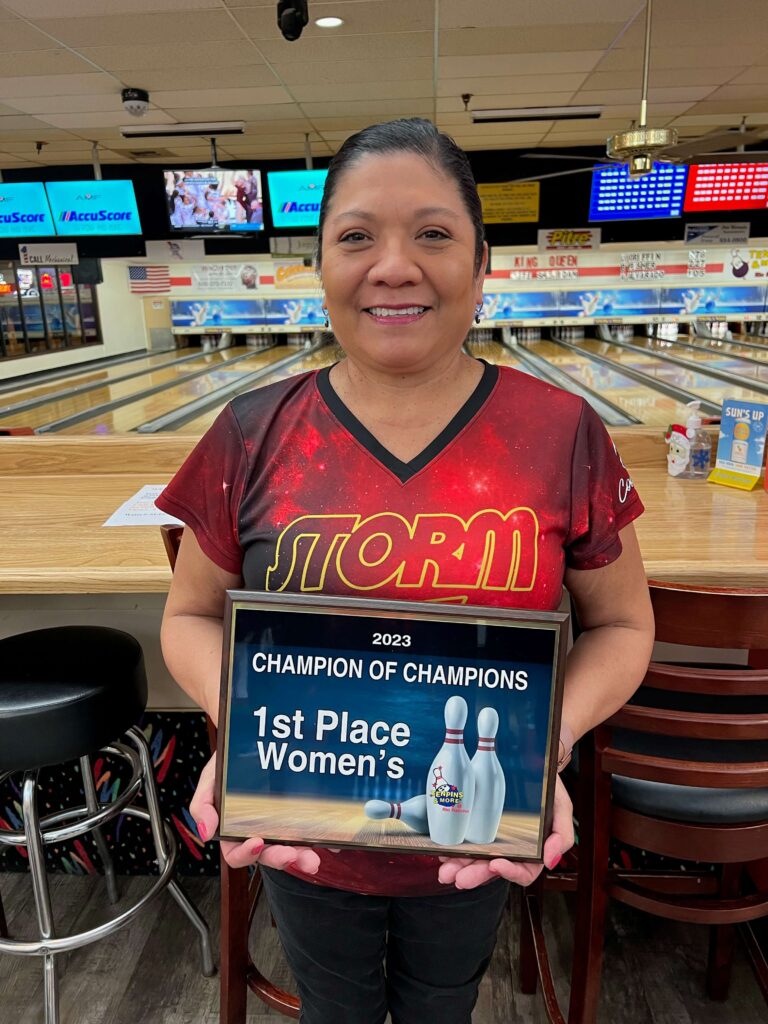 Karen Coffey, who bowls two leagues a week at Tenpins & More is the winner of the women's Champion of Champions title, trophy and $ 400, after averaging over 195 and attaining a 6-1 match-play record. Congratulations on your first win in this annual event, now running for over 23 years.