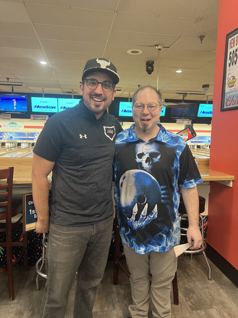 From left, men's winner, Antonio Lopez averaged a new tournament record 245.5 over 14 games to beat runner-up, Joseph Paterson of Soccoro by 314 in Sunday's Champion of Champions final at Tenpins & More.    He received $ 1,060 while Paterson was consoled with a check for $ 705.